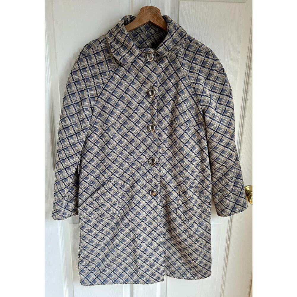 Vintage Patterned A-Line Coat Size Small, Blue and Beige | 60's Style Mod Coat